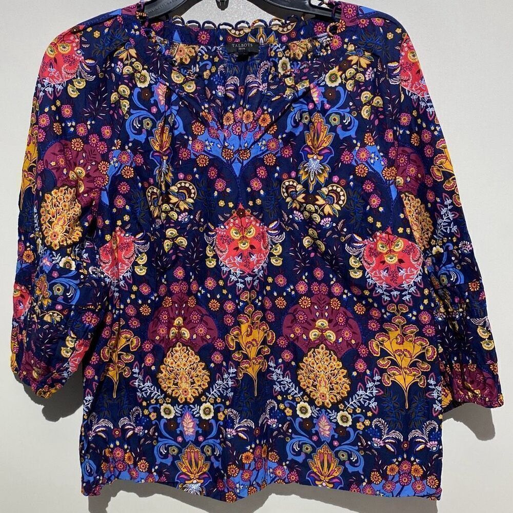 Talbots Women's Multicolor Floral Split Neck 3/4 Sleeve Blouse Medium Petite‎